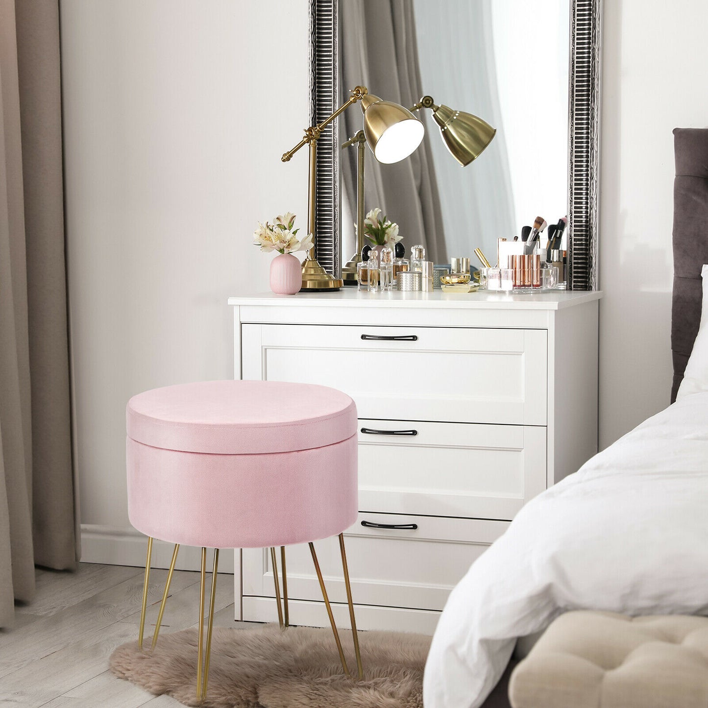 Round Velvet Ottoman Stool with Hairpin Legs-Pink