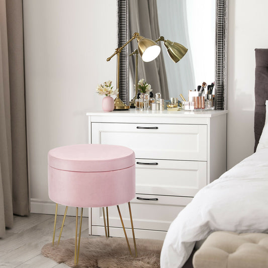 Round Velvet Ottoman Stool with Hairpin Legs-Pink
