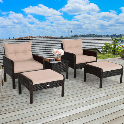 5 Pcs Rattan Sofa Cushioned Wicker Lounge Set