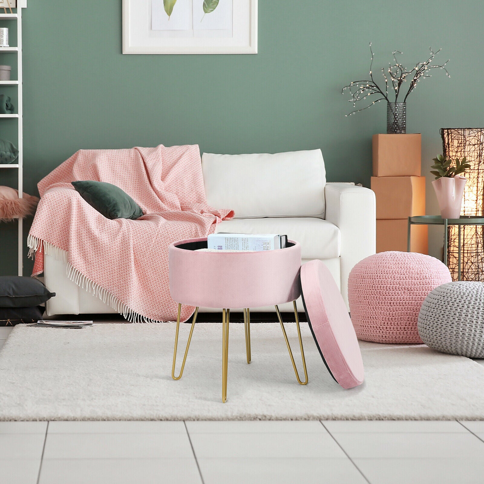 Round Velvet Ottoman Stool with Hairpin Legs-Pink