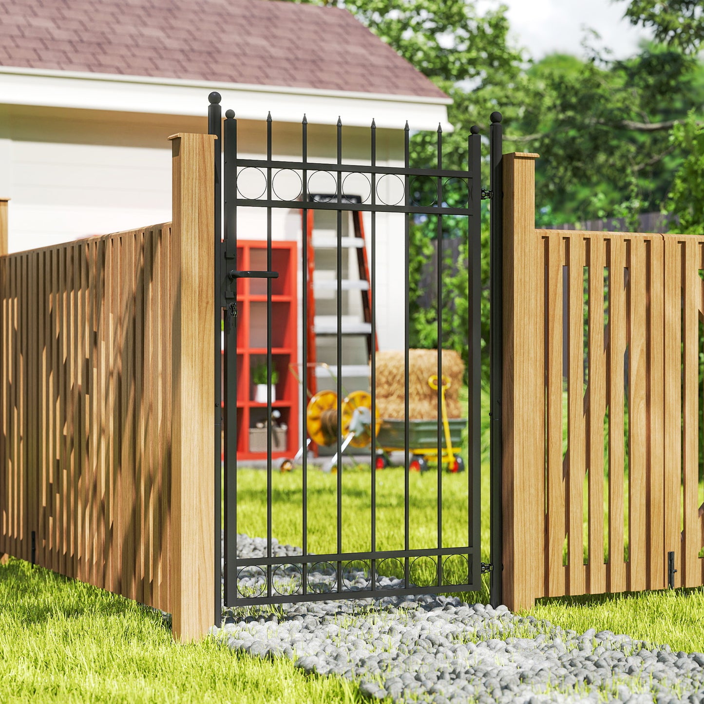 Outsunny Galvanised Steel Garden Gate, Outdoor Fence Gate Security Barrier with Lock, Keys and Handle, Outdoor Entrance Way Door with Classic Finials, 105 x 204 cm, Black