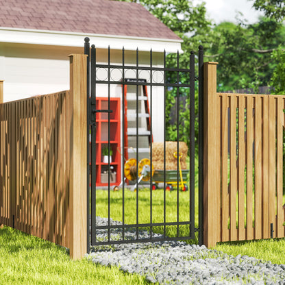 Outsunny Galvanised Steel Garden Gate, Outdoor Fence Gate Security Barrier with Lock, Keys and Handle, Outdoor Entrance Way Door with Classic Finials, 105 x 204 cm, Black