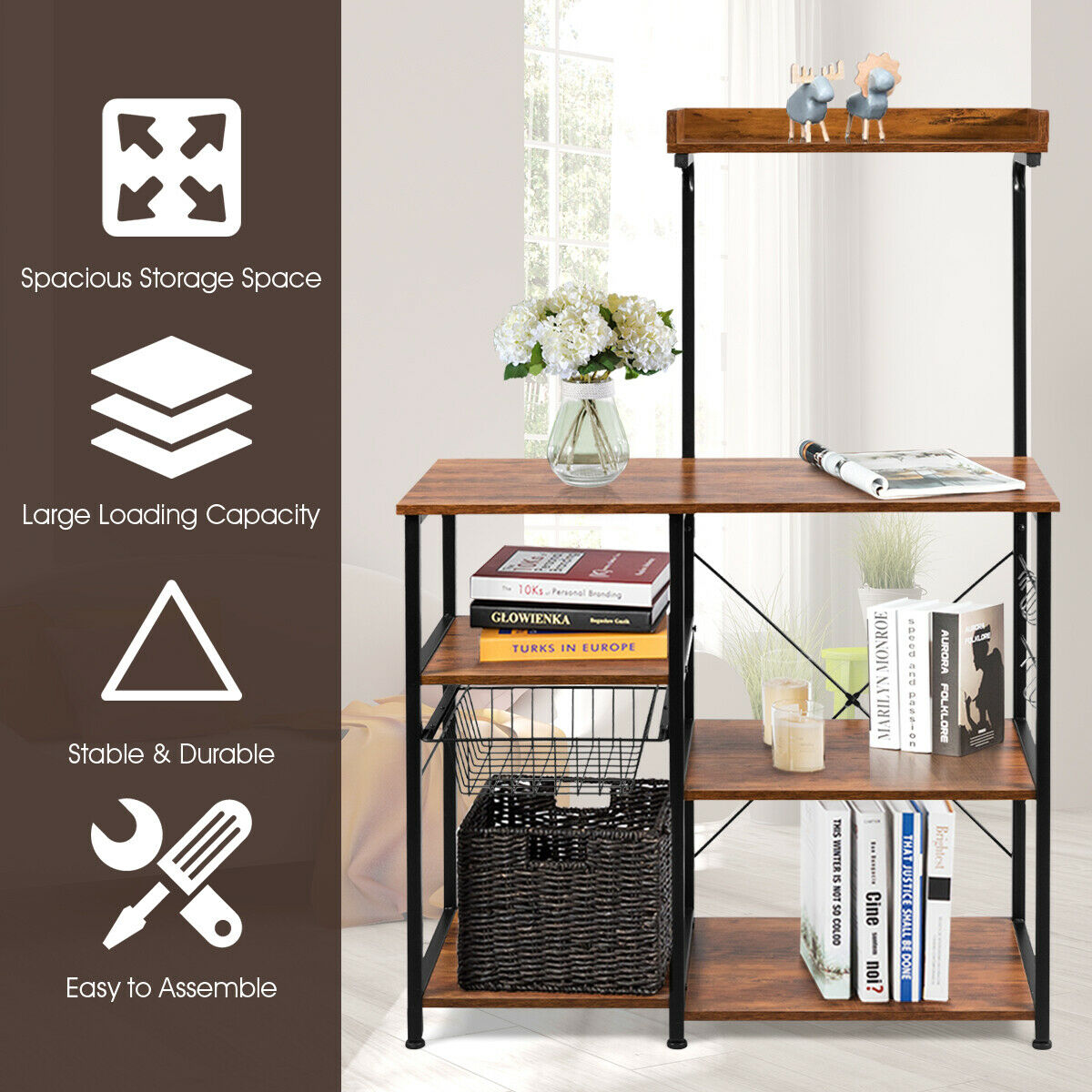 5-Tier Industrial Styled Shelving Unit with Pull-Out Basket-Coffee