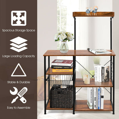 5-Tier Industrial Styled Shelving Unit with Pull-Out Basket-Coffee