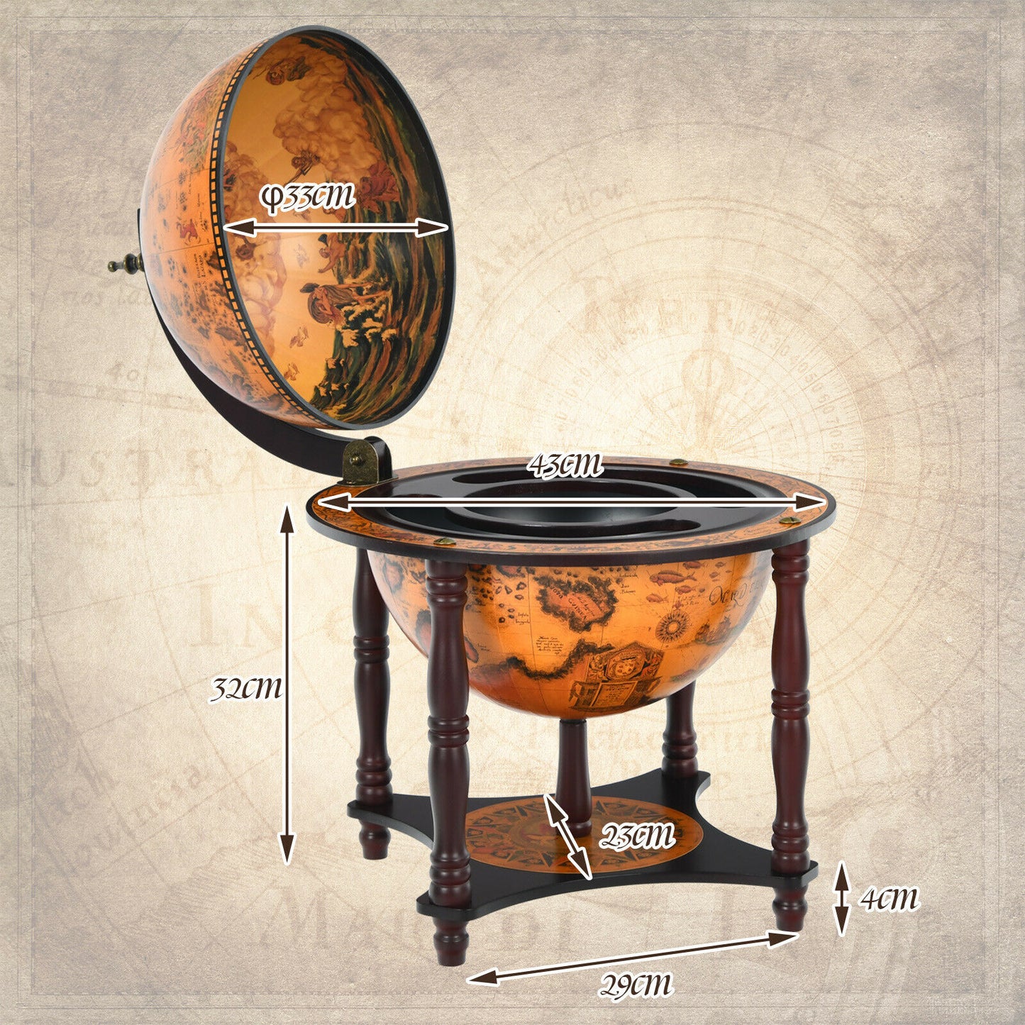 Vintage Globe Wine Cabinet with Map Patterns-Coffee