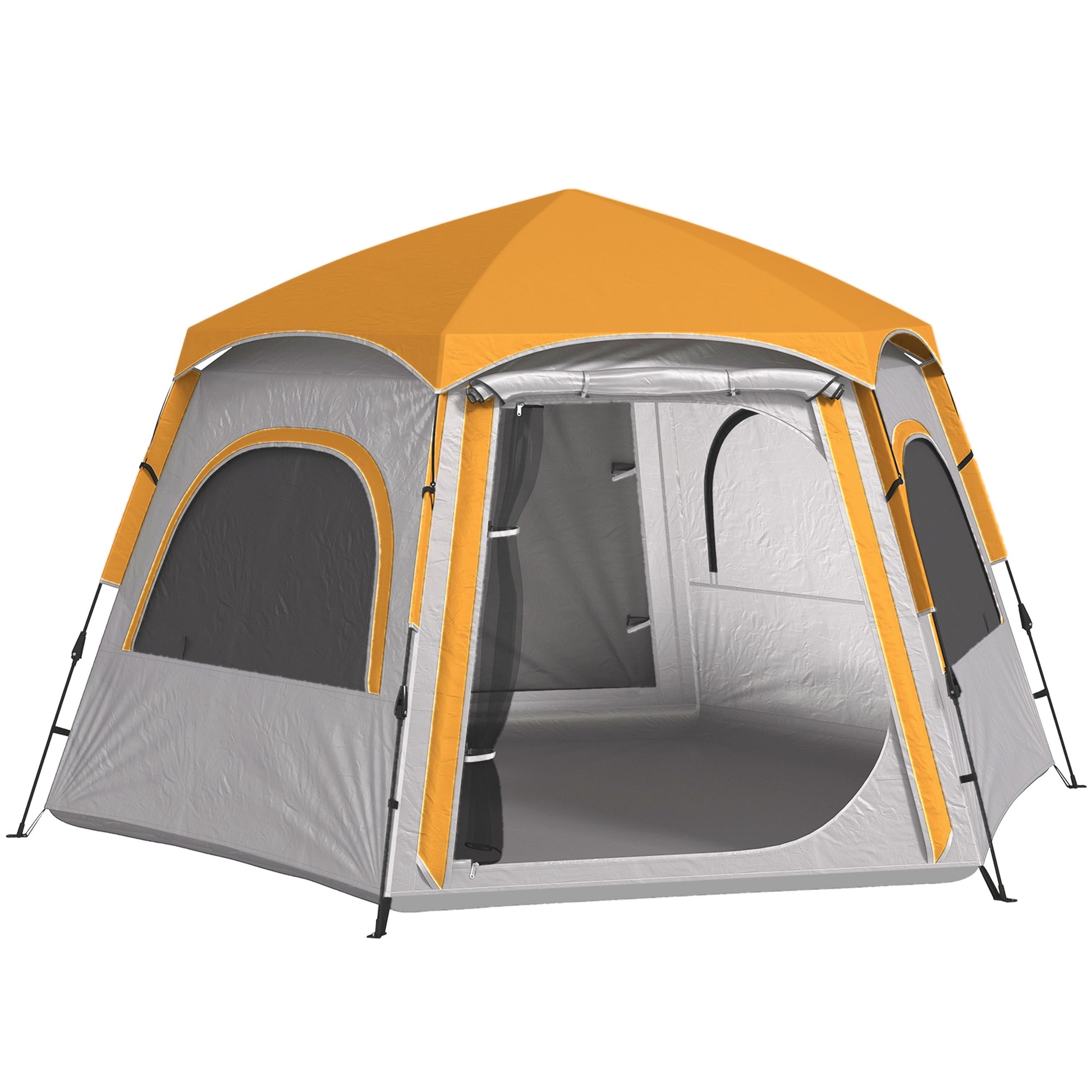 Outsunny Instant Camping Tent, 2/3/4 Person Easy Setup Dome Family Tent with Vestibule, Rainfly, 4 Mesh Windows & 2 Doors, Hexagonal Design, Waterproof & UV Protected, Light Grey