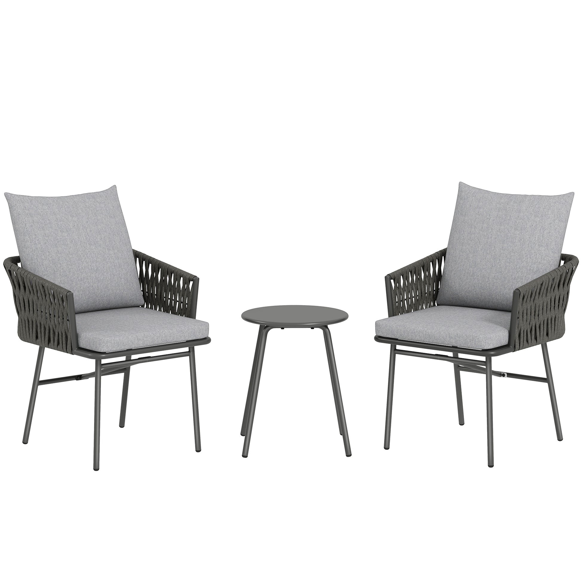 Outsunny 3-Piece Rattan Bistro Set, Garden Table and Chairs with 4 Cushions, Patio Rattan Conversation Furniture Set for Balcony, Porch, Terrace, Grey