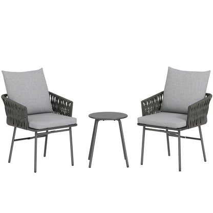 Outsunny 3-Piece Rattan Bistro Set, Garden Table and Chairs with 4 Cushions, Patio Rattan Conversation Furniture Set for Balcony, Porch, Terrace, Grey