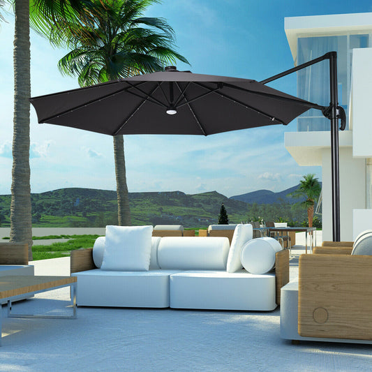 3M Outdoor Parasol Patio Cantilever Umbrella with Solar Lights-Grey