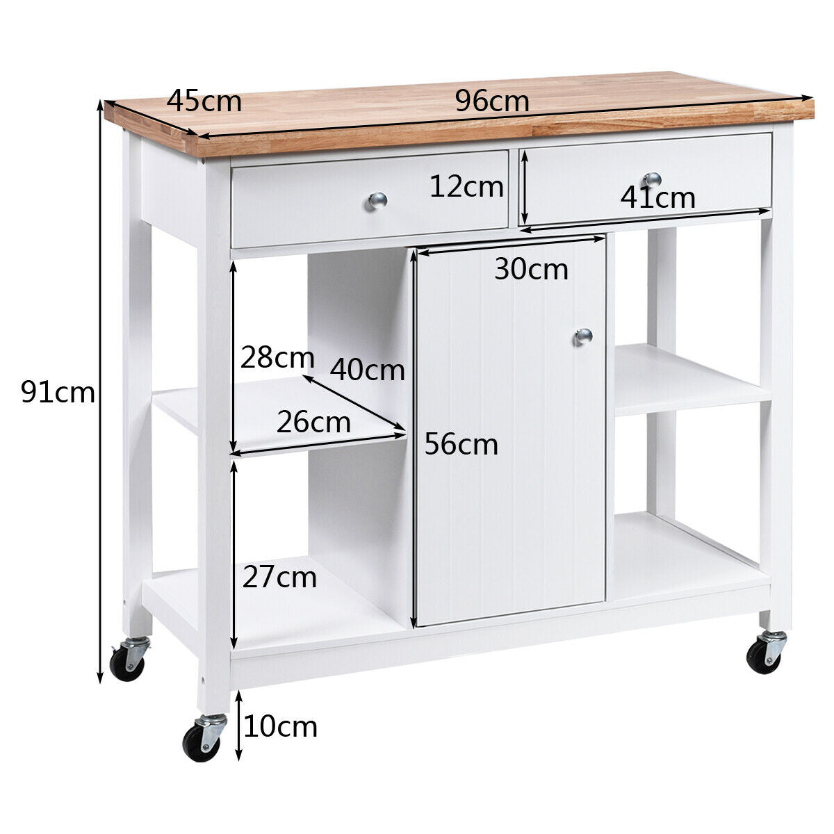 Kitchen Island Trolley with Drawers and Shelves-White