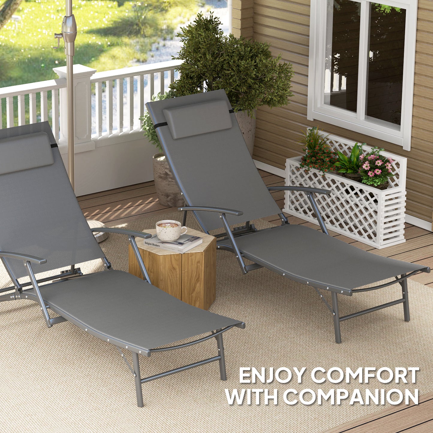 Outsunny Set of Two Adjustable Back Sun Loungers - Grey