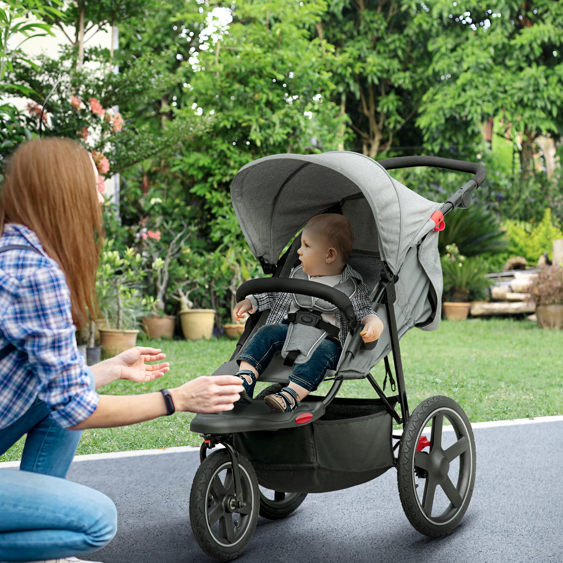 HOMCOM Foldable Three-Wheeler Baby Stroller w/ Canopy, Storage Basket - Grey