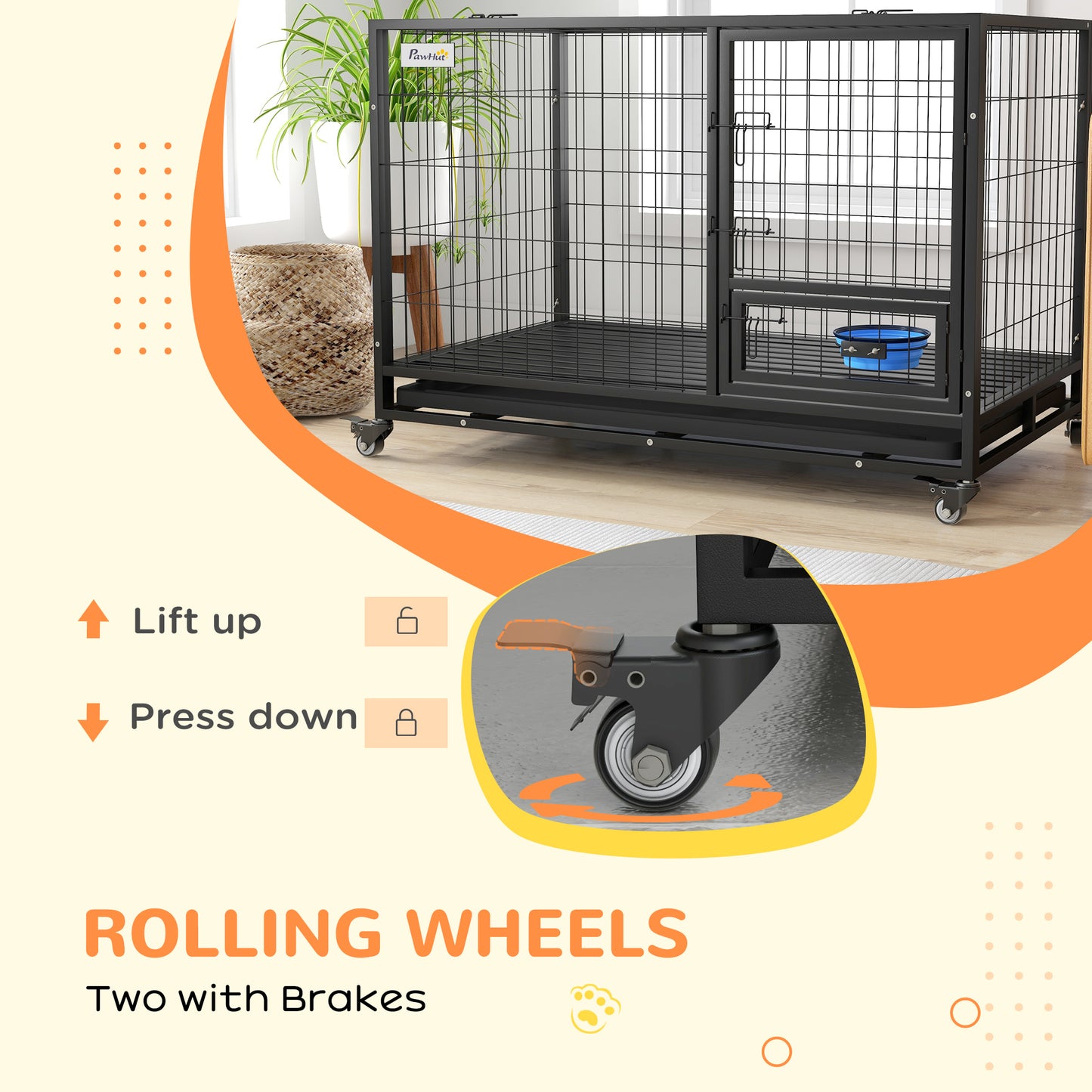 PawHut Heavy Duty Dog Crate on Wheels w/ Bowl Holder, Removable Tray, Openable Top, Detachable Door, for L, XL Dogs