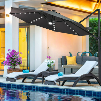 3M Outdoor Parasol Patio Cantilever Umbrella with Solar Lights-Grey