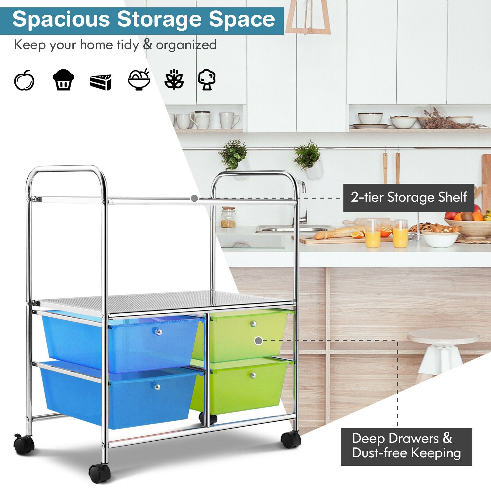 Utility Organiser Cart with 4 Plastic Drawers-Green