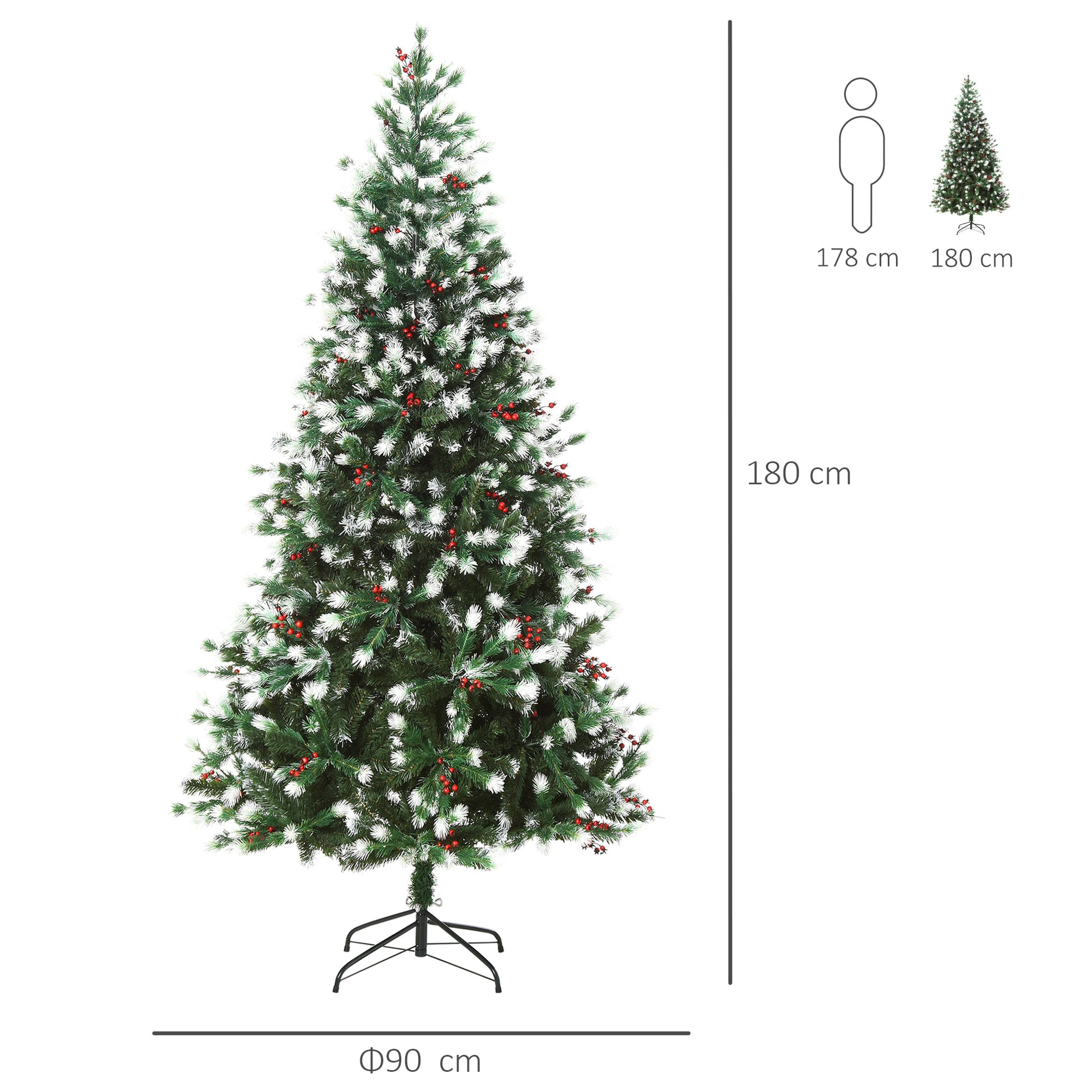 HOMCOM 6ft Artificial Snow-Flocked Pine Tree Holiday Home Christmas Decoration with Red Berries, Automatic Open - Green