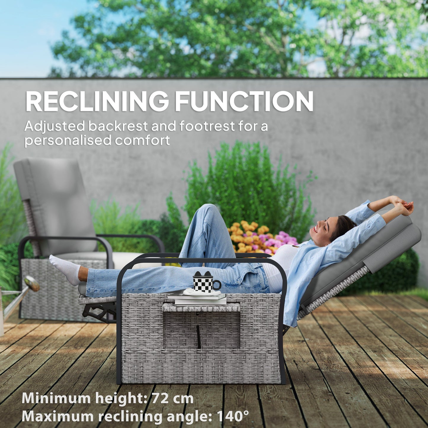 Outsunny 140° Reclining Rattan Armchair - Mixed Grey