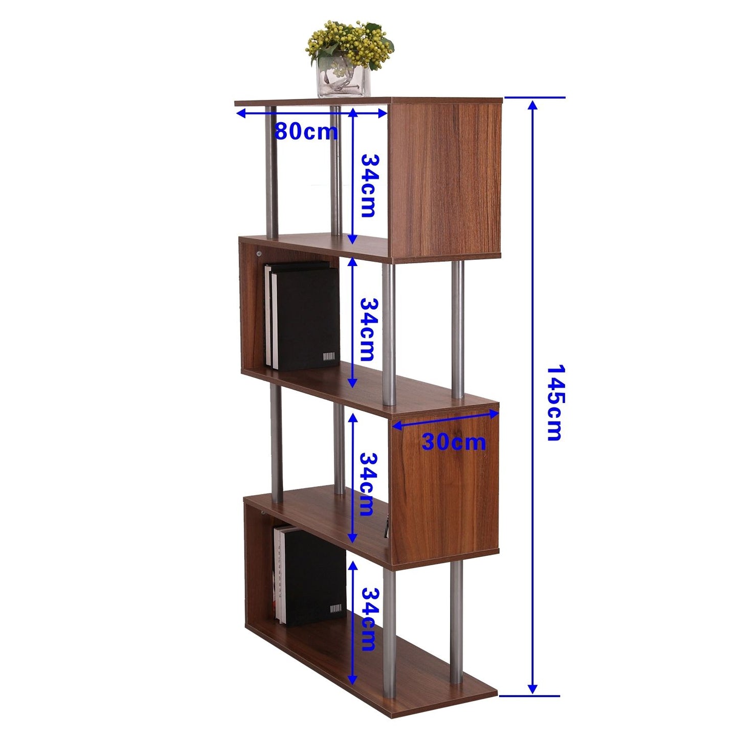 HOMCOM 4-Tires Wooden Bookcase S Shape Storage Bookshelf Display for Living Room, Bedroom, Office with Steel Frame, Walnut