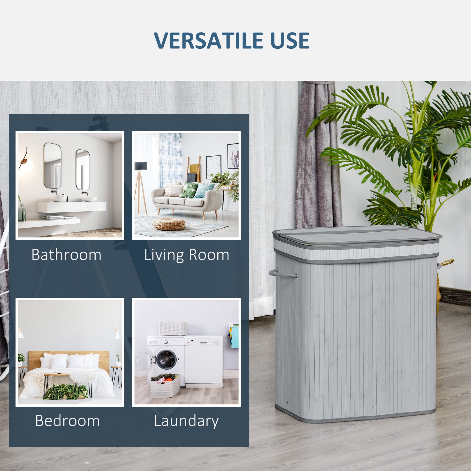 HOMCOM 100L Natural Wood Laundry Basket One Compartment w/Flip Lid Removable Lining Handles Board Base Durable Water-Resistant Dirty Clothes Grey