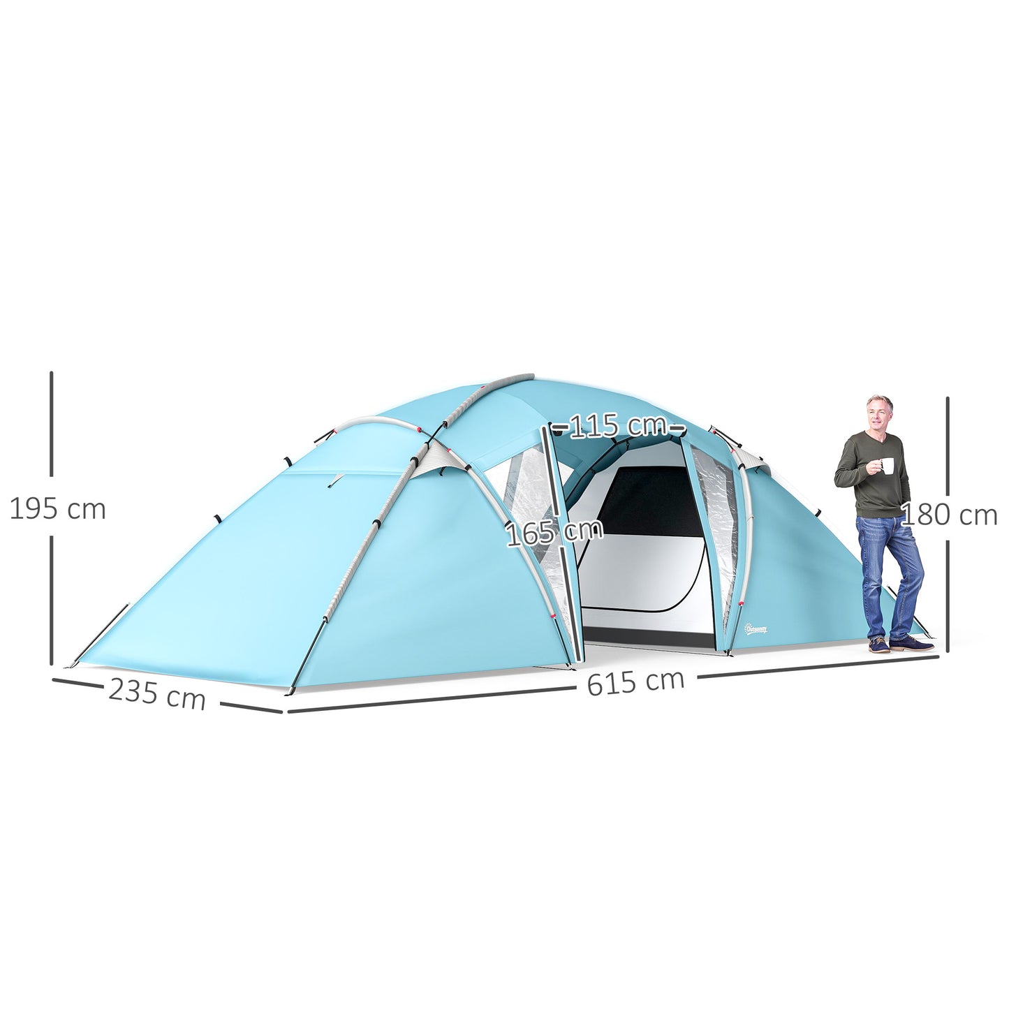 Outsunny 4-6 Man Family Camping Tent w/ 2 Bedrooms and a Living Room, Waterproof Tunnel Tent w/ Sewn In Groundsheet, Doors, Windows, Carry Bag, Blue