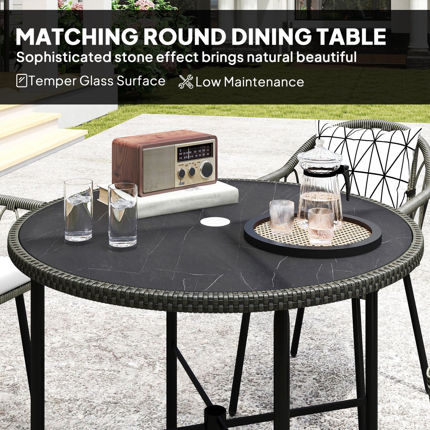 Outsunny 5 Piece Patio Rattan Dining Set, Wicker Garden Table and Chairs w/ Removable Seat & Back Cushions, Round Tempered Glass Tabletop, Parasol Hole, Outdoor Furniture Conservatory Set, Grey