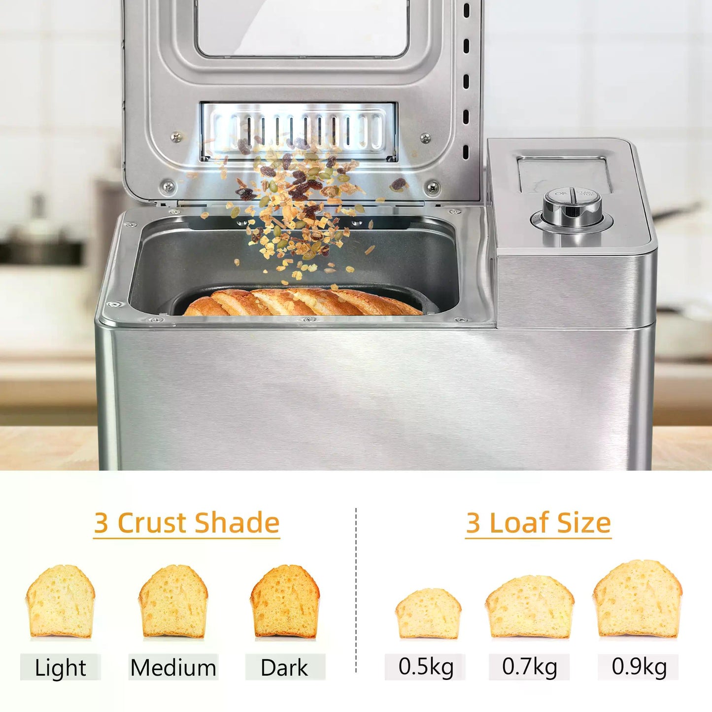 HOMCOM 25 in 1 Bread Machine 0.9 KG Capacity Programmable Stainless Steel Dough Maker with Auto Fruit Nut Dispenser Nonstick Pan 3 Loaf Sizes, 550W