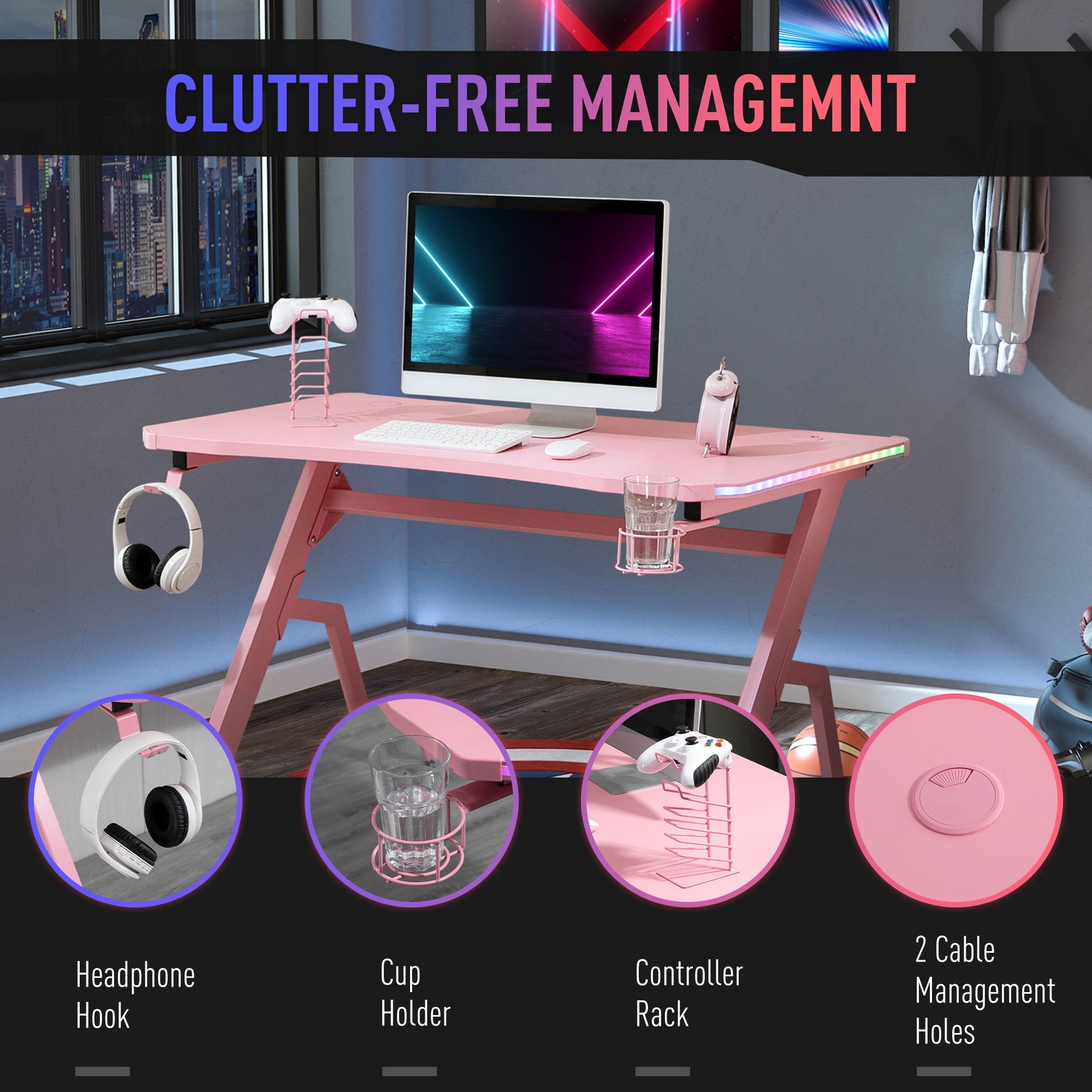 HOMCOM Gaming Desk Racing Style Home Office Ergonomic Computer Table Workstation with RGB LED Lights, Controller Rack & Cable Management, Pink