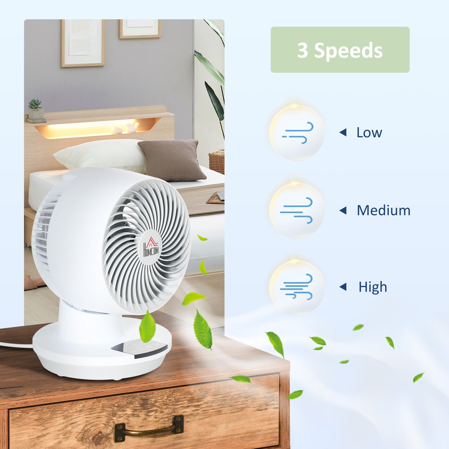 HOMCOM 28cm Electric Table Desk Fan with 3 Speed, Remote, Small Portable Personal Cooling Fan for Home Office Desktop, White