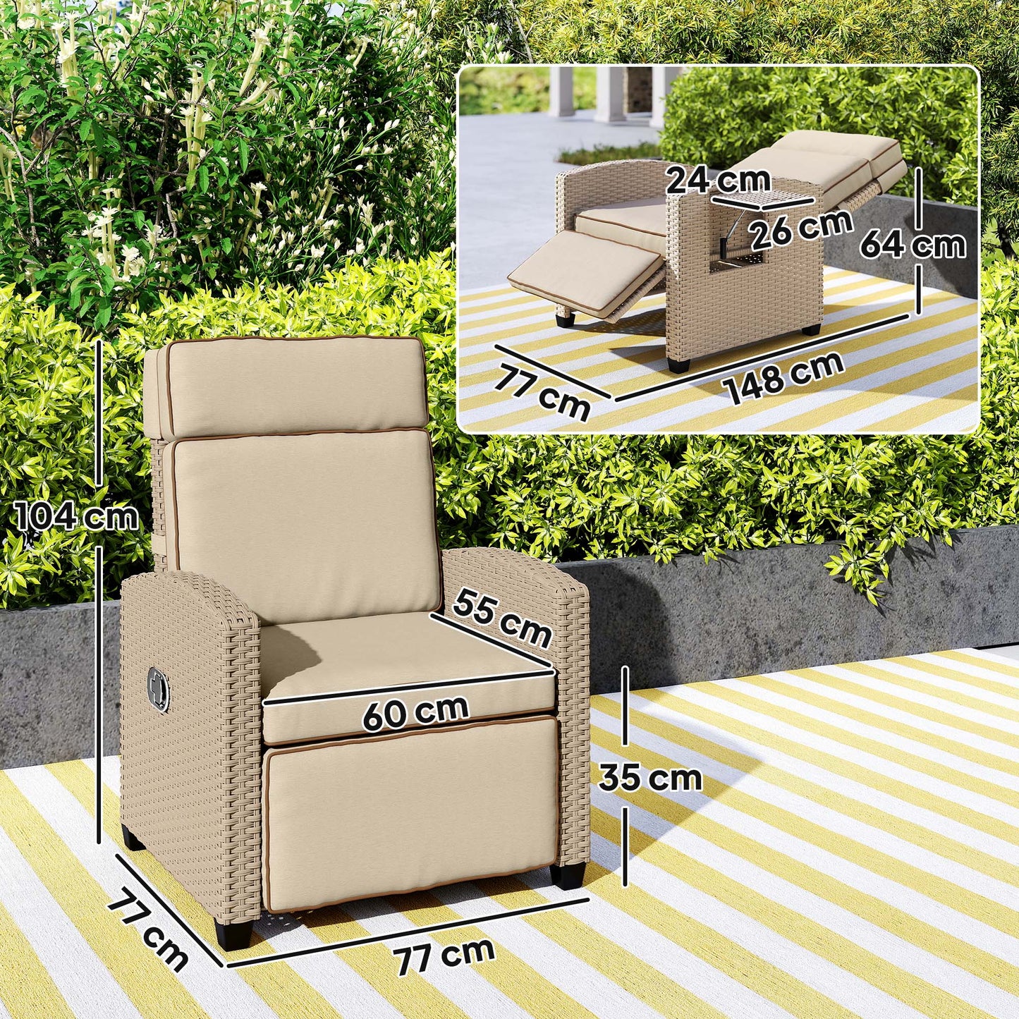 Outsunny 145° Reclining Rattan Armchair, with Footrest - Khaki/Beige