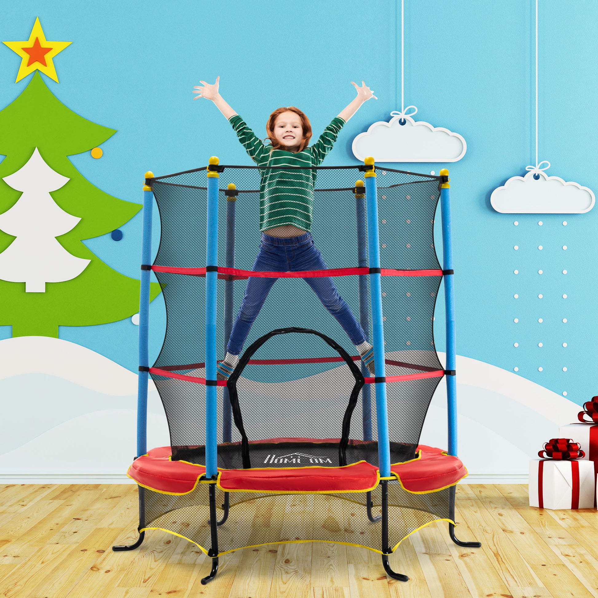 HOMCOM 5.4FT/65 Inch Kids Trampoline with Enclosure Net Built-in Zipper Safety Pad Indoor Outdoor for Children Toddler Age 3-6 Years Old