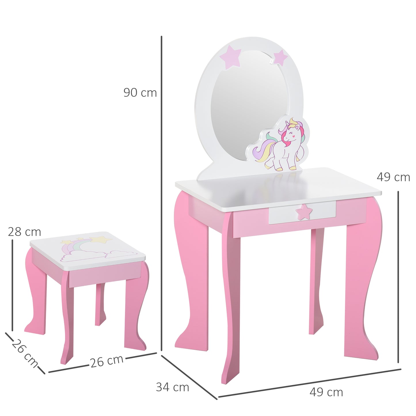 HOMCOM Girls Dressing Table w/ Mirror & Stool, Kids Dressing Table, Unicorn Pretend Play Toy for Toddles Age 3-6 Years, Acrylic Mirror, Pink & White