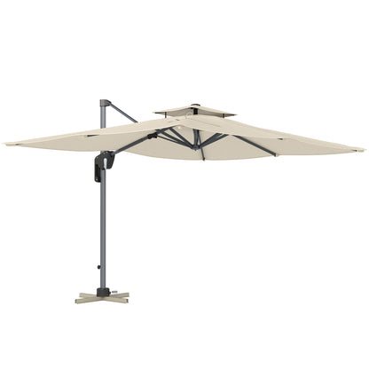 Outsunny 3.7 x 2.7 m Cantilever Parasol w/ 360° Rotation and Easy Tilt Adjustment, Aluminium Hanging Offset Outdoor Umbrella w/ Double Top and Cross Base, UPF50+ Hanging Sun Shade, Grey Wood Effect
