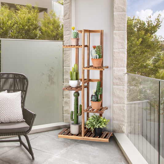 5-Tier Wood 6 Pots Plant Stand Free-standing Display Shelf