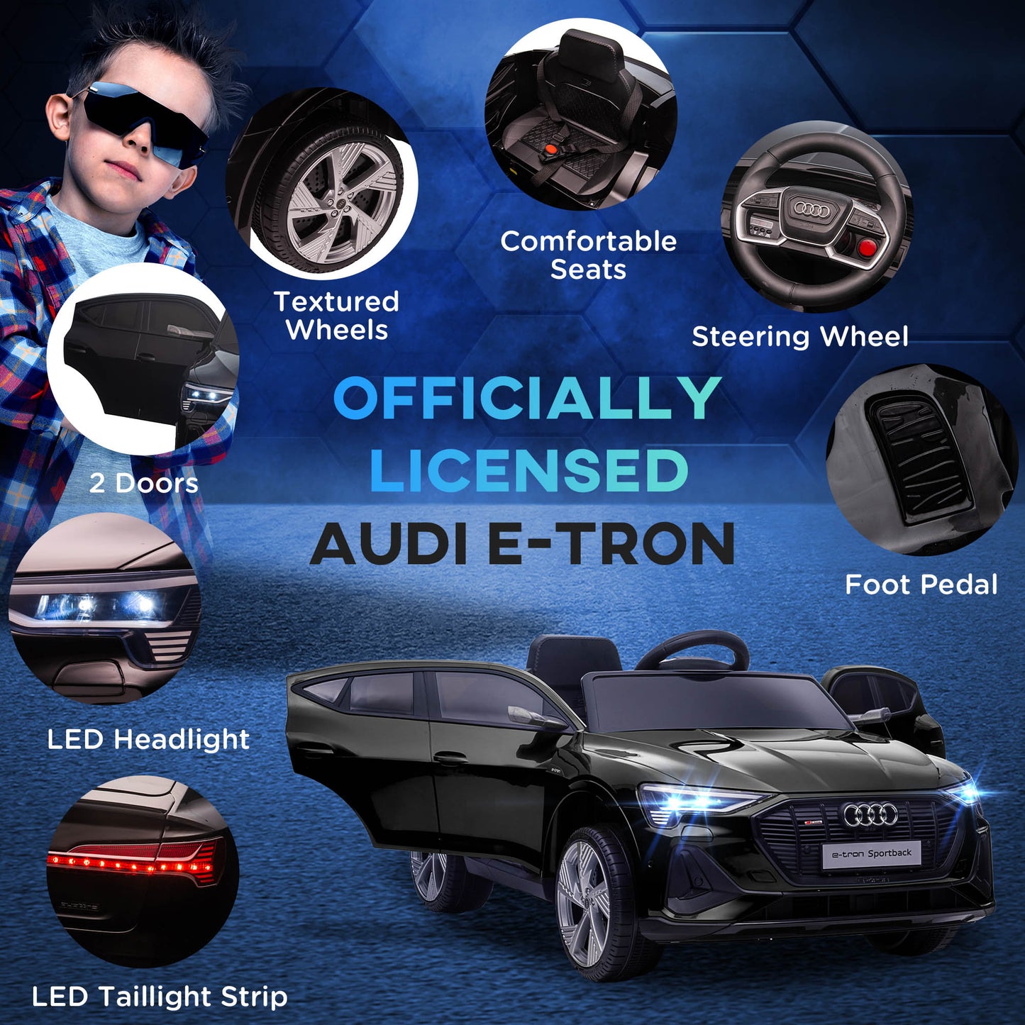 HOMCOM 12V Audi E-tron Licensed Ride On Car, Two Motors Battery Powered Toy with Remote Control, Lights, Music, Horn, Black