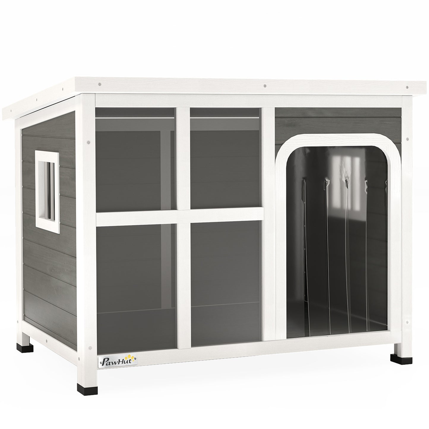 PawHut Wooden Outdoor Dog House with Asphalt Openable Top, Removable Floor, Clear Front Panel, Curtain, Light Grey