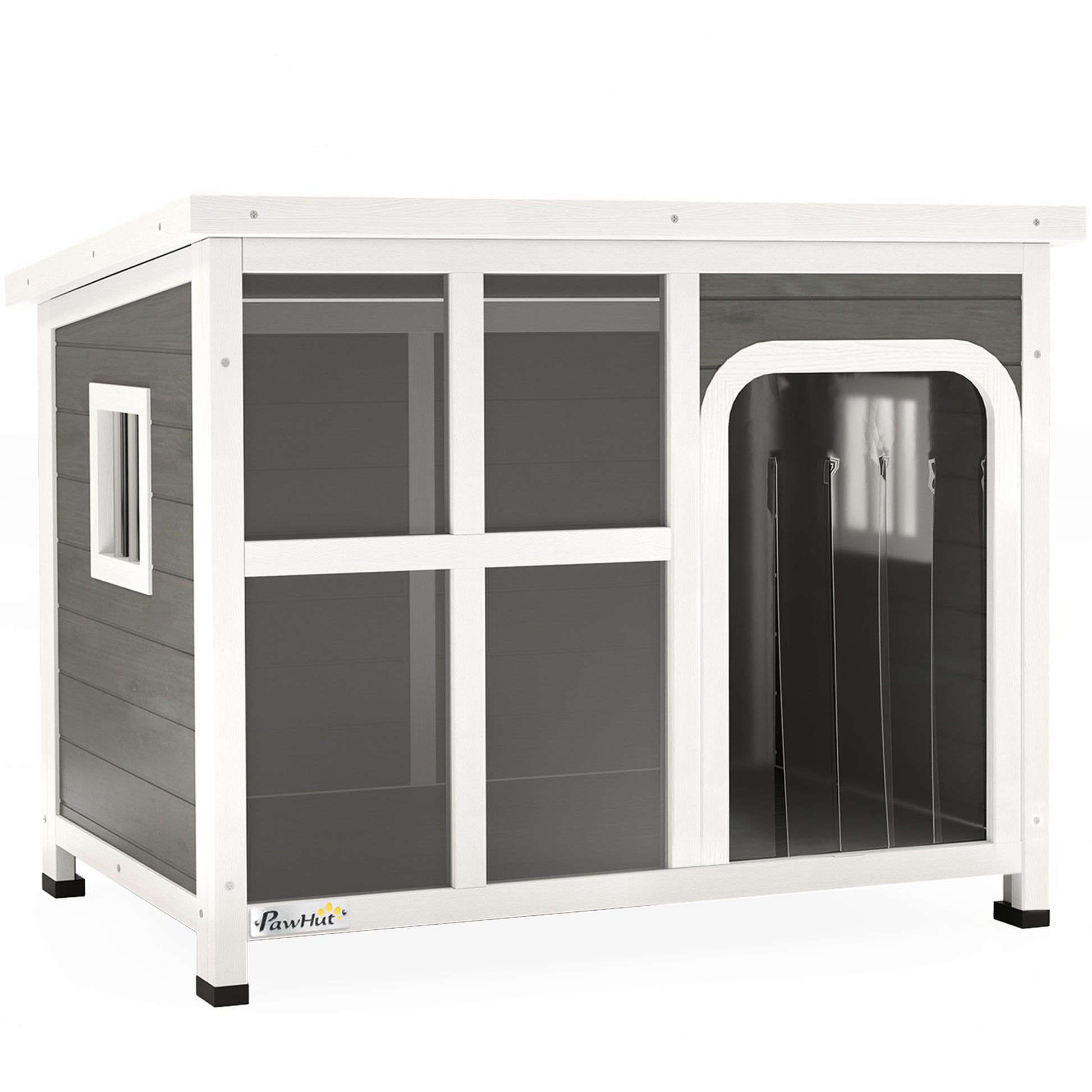 PawHut Wooden Outdoor Dog House with Asphalt Openable Top, Removable Floor, Clear Front Panel, Curtain, Light Grey
