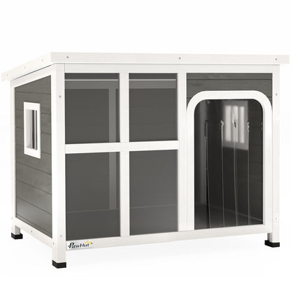 PawHut Wooden Outdoor Dog House with Asphalt Openable Top, Removable Floor, Clear Front Panel, Curtain, Light Grey