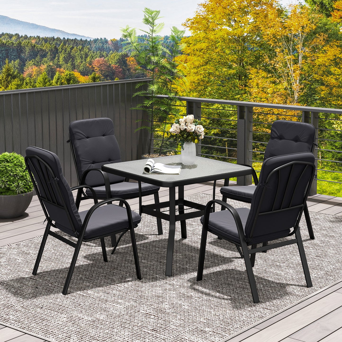 Outsunny 5 Pieces Outdoor Square Garden Dining Set w/ Tempered Glass Dining Table 4 Cushioned Armchairs, Umbrella Hole, Black