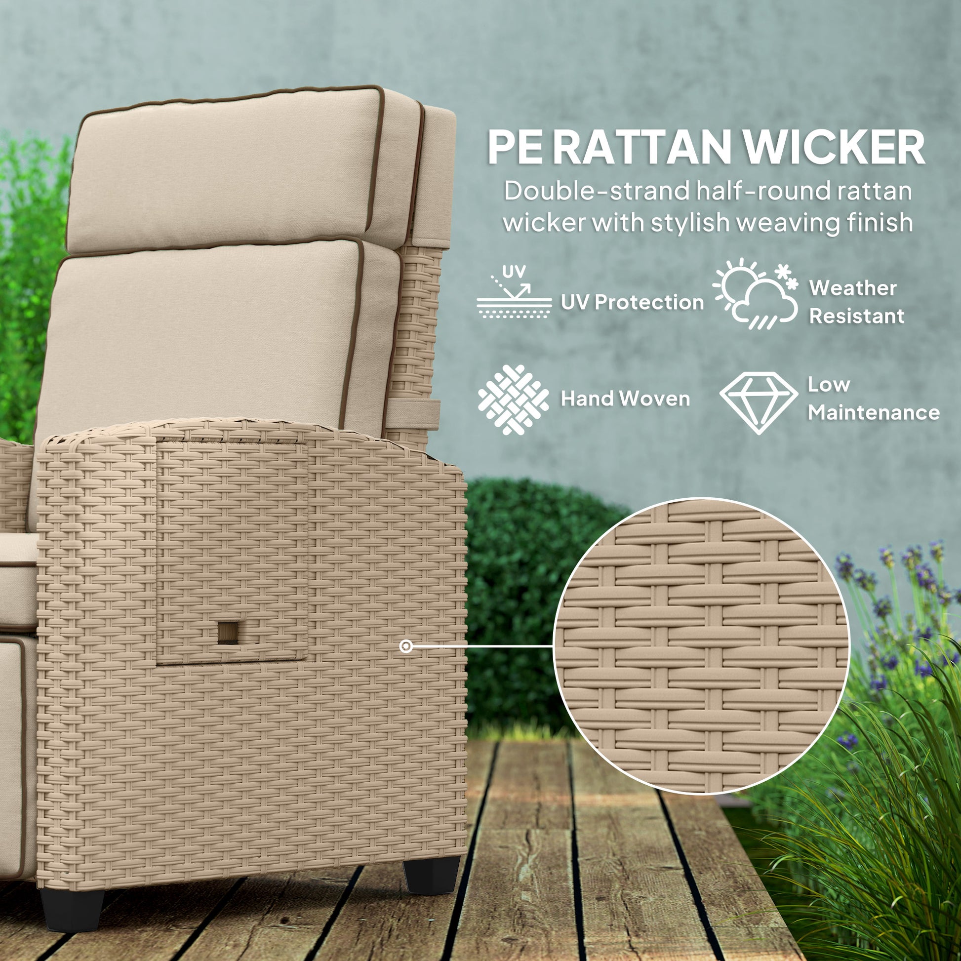 Outsunny 145° Reclining Rattan Armchair, with Footrest - Khaki/Beige