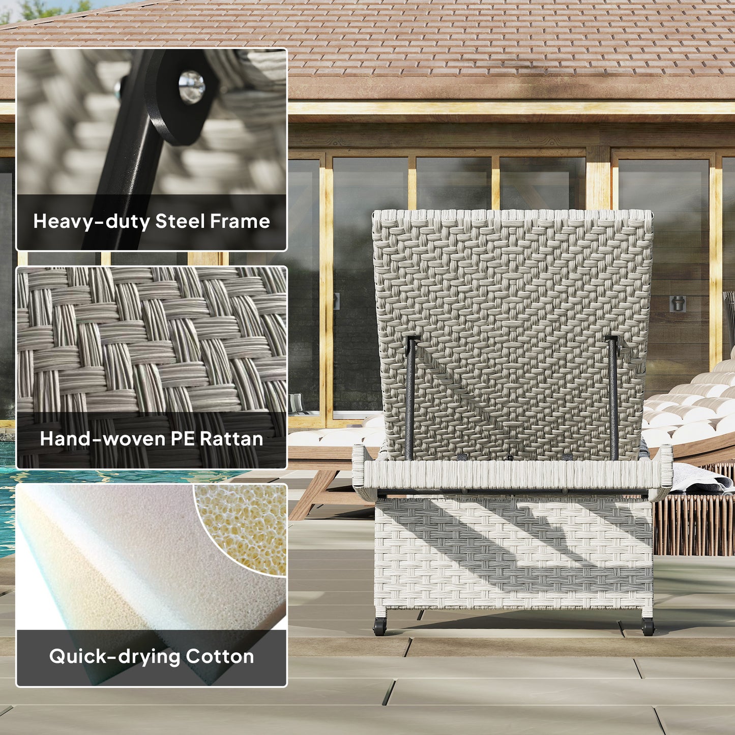 Outsunny Outdoor PE Rattan Sun Lounger, Folding Wicker Garden Lounger Recliner with 4-Level Adjustable Backrest, Rolling Sunbed Lounge Chair with Wheels, Non-Slip Legs for Balcony, Beach, Grey