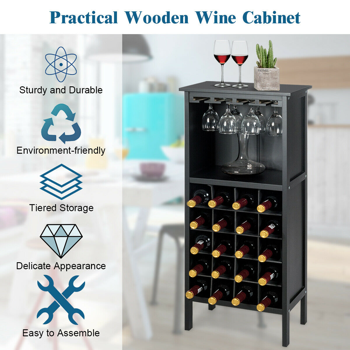 Wine Rack 20 Bottles Wood Holder Display-Black
