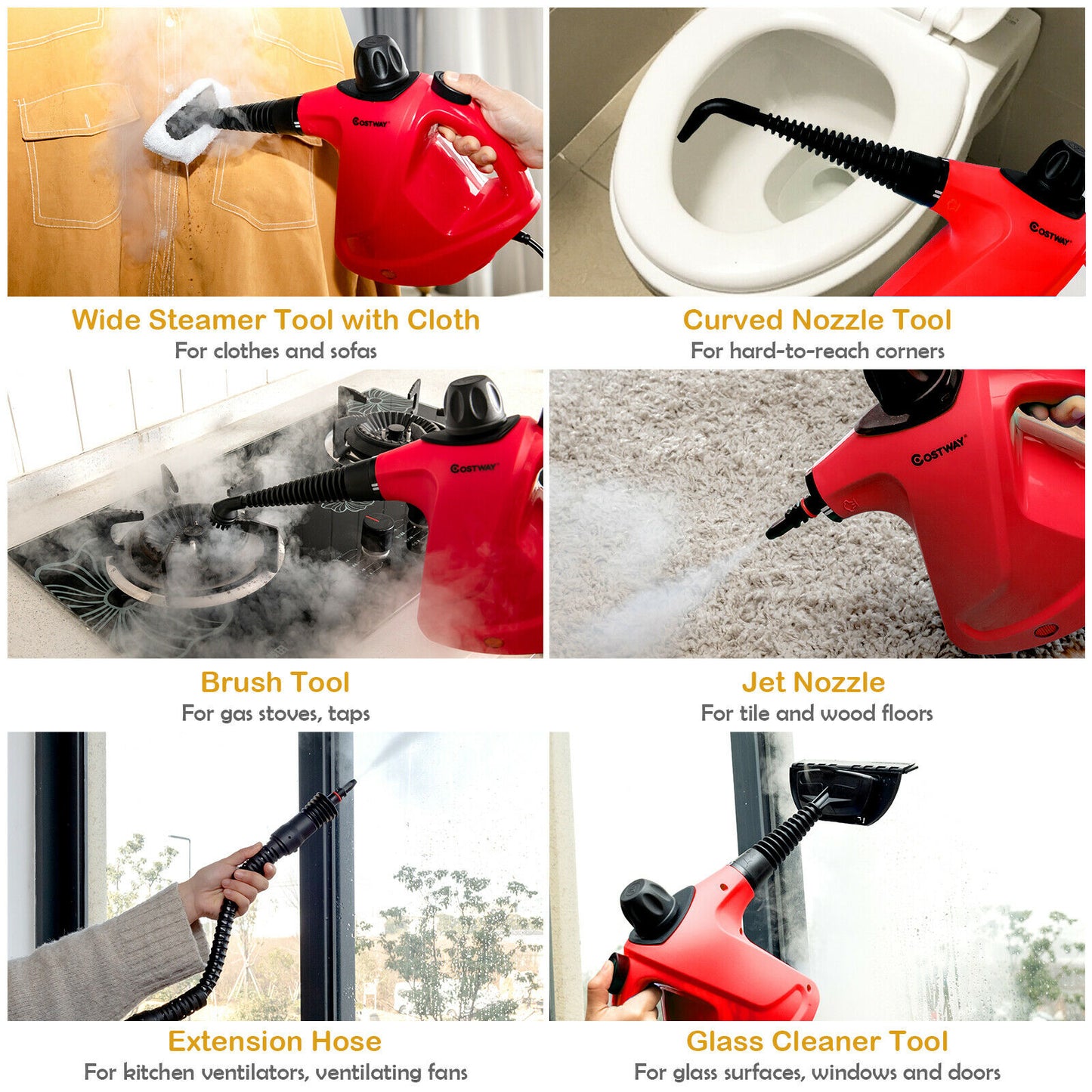Multi-Purpose Portable Electric Steam Cleaner with 9 Accessories-Red