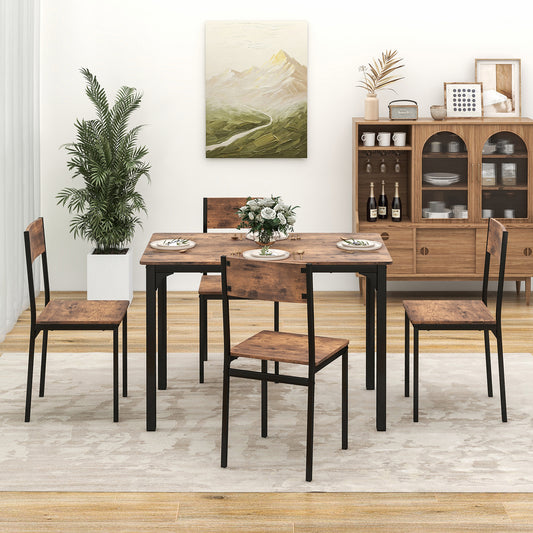 5 Piece Dining Table Set for 4 with Backrest and Metal Frame-Brown