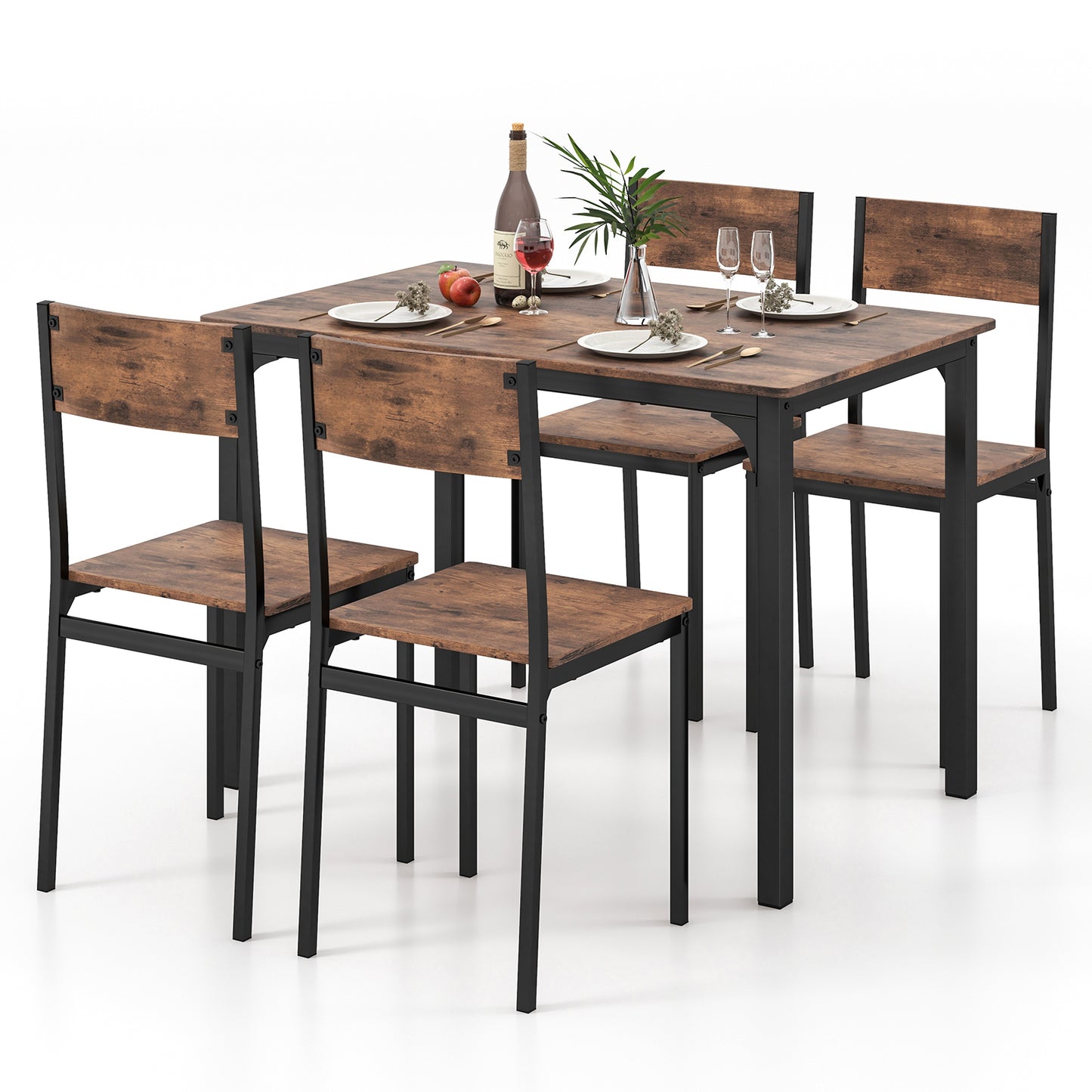 5 Piece Dining Table Set for 4 with Backrest and Metal Frame-Brown