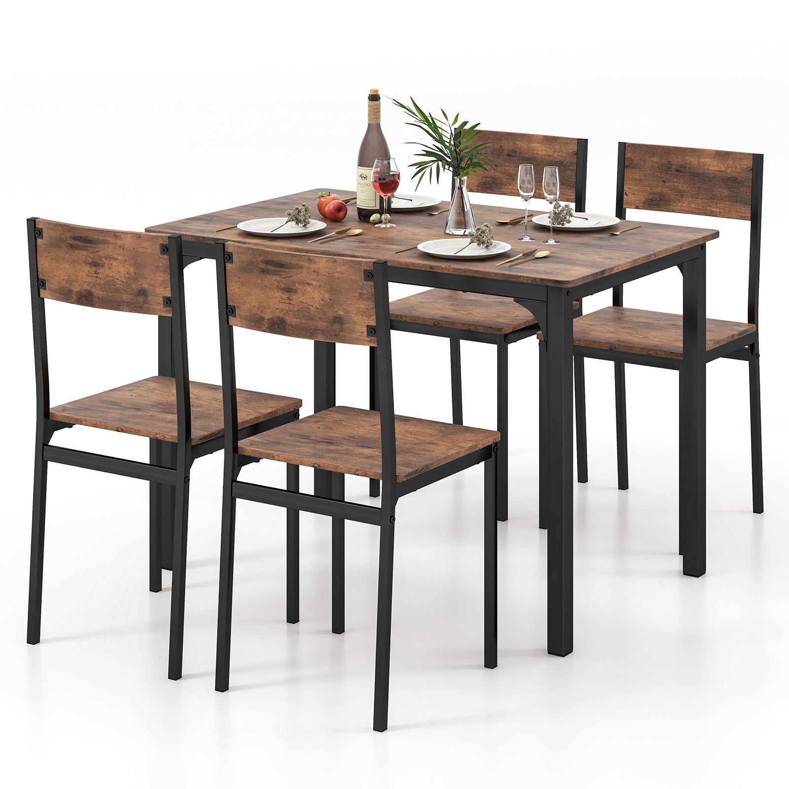 5 Piece Dining Table Set for 4 with Backrest and Metal Frame-Brown