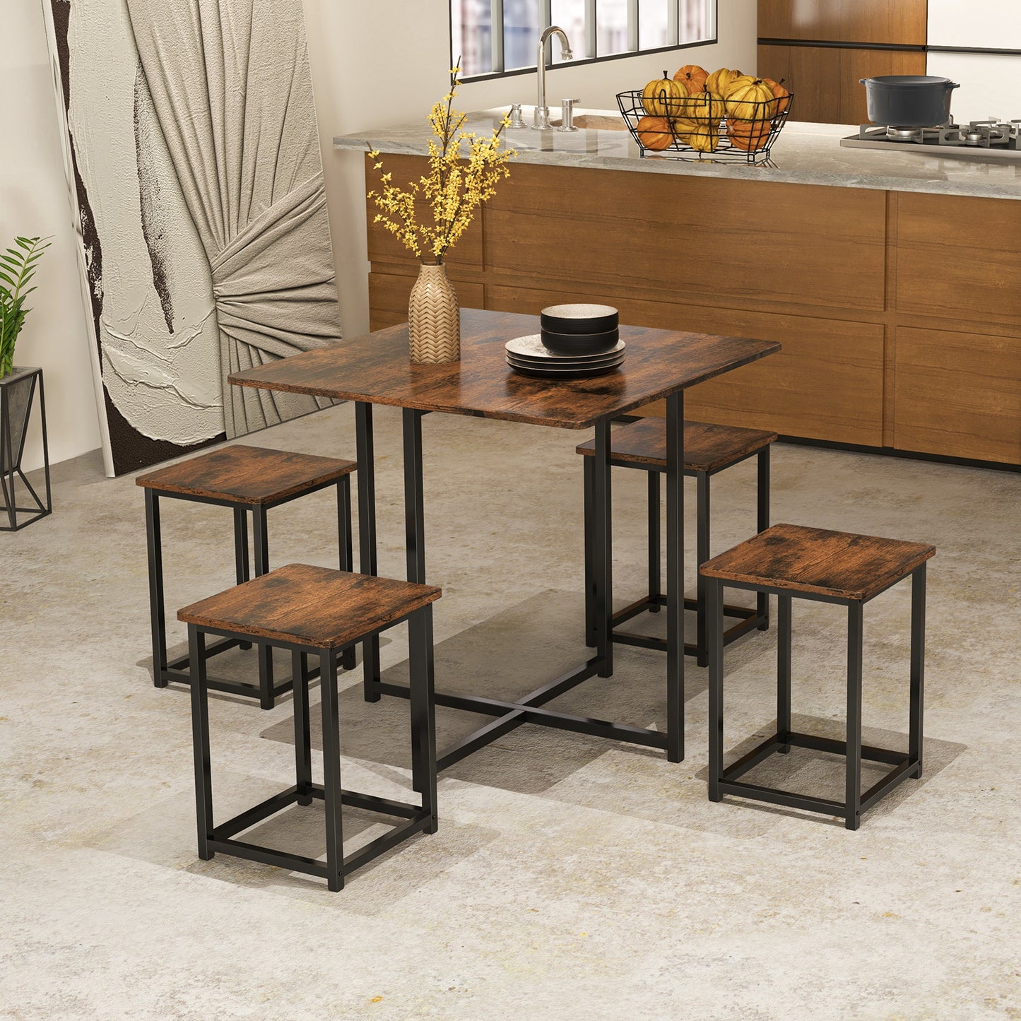 5-Piece Dining Table Set  with 4 Square Stools for Breakfast Nook-Rustic Brown