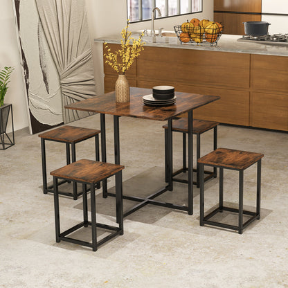 5-Piece Dining Table Set  with 4 Square Stools for Breakfast Nook-Rustic Brown