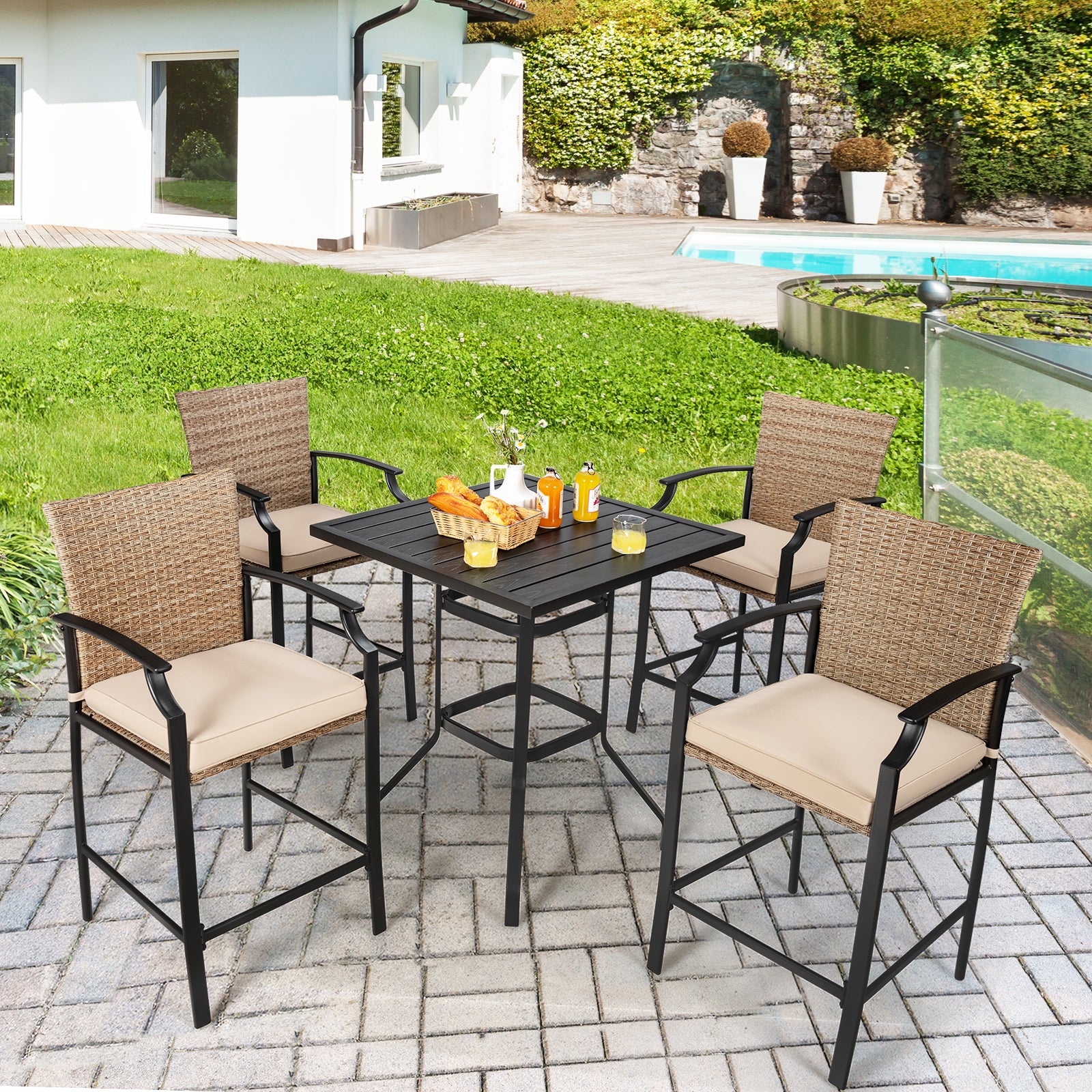 5 Pieces Patio Rattan Bar Stool Set with 4 Wicker Bar Chairs and 1 Bar Table