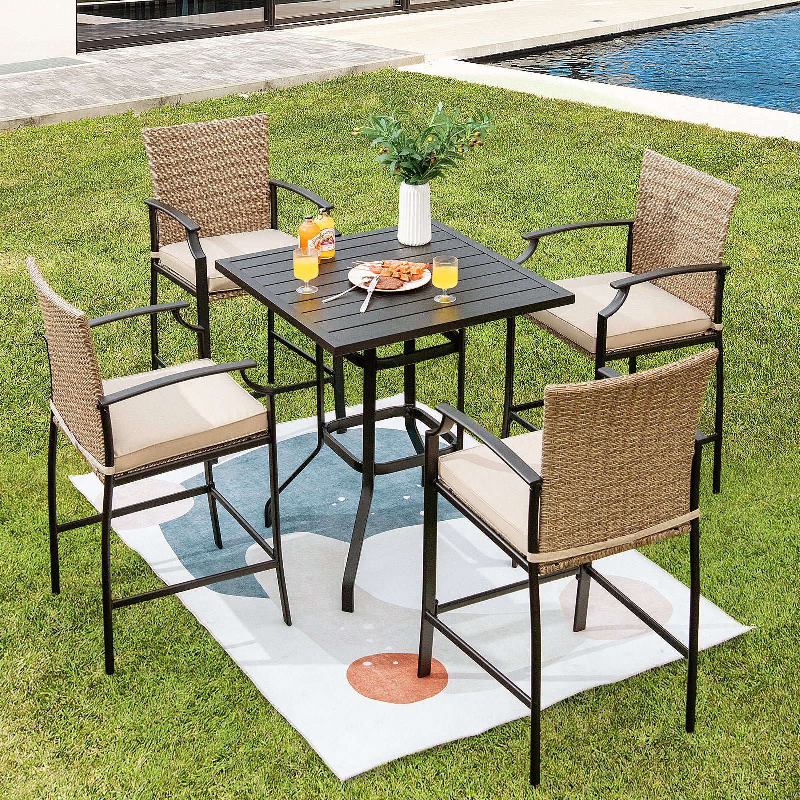 5 Pieces Patio Rattan Bar Stool Set with 4 Wicker Bar Chairs and 1 Bar Table