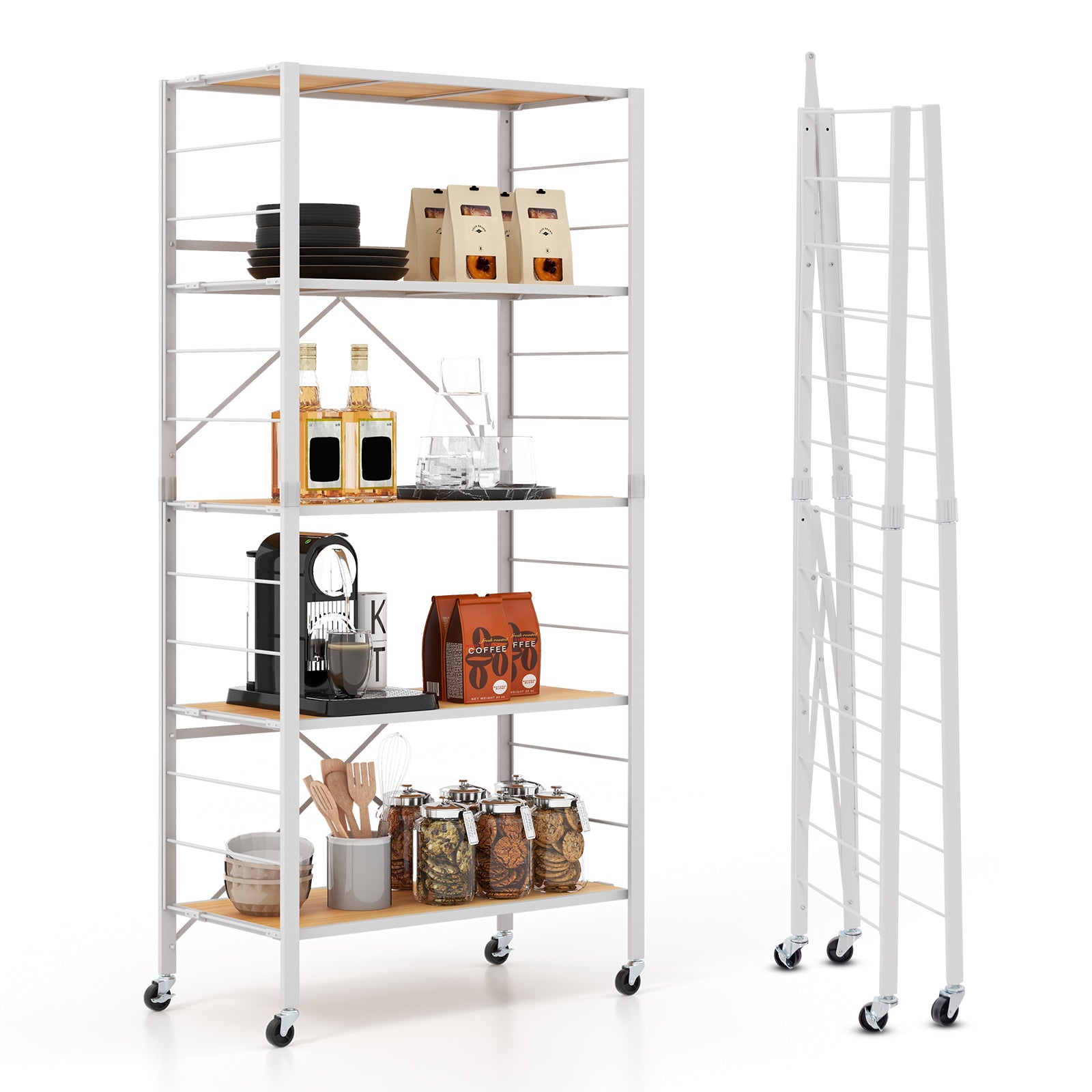 5-Tier Foldable Shelving Unit Metal Shelves with Detachable Wheels-Natural